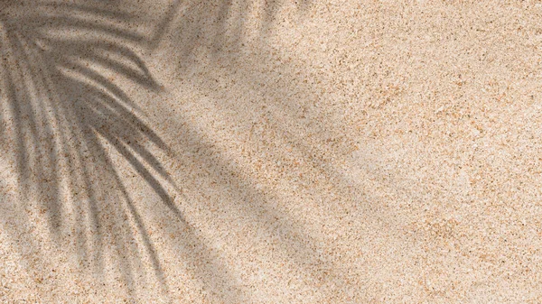 椰子树棕榈叶阴影的沙质背景 热带叶面覆盖的自然海滩沙质 上视图沙漠沙质 横向横幅暑假 假日背景概念 — 图库照片