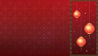 Mutlu Çin Yeni Yılı 2024. Doğu Şablonu Kırmızı Desenli ve Altın Çerçeveli Şablon, Vector Asya Sanat Tarzı Sonbahar Festivalinin Ortalarında ürün sunumu için fon çekimi