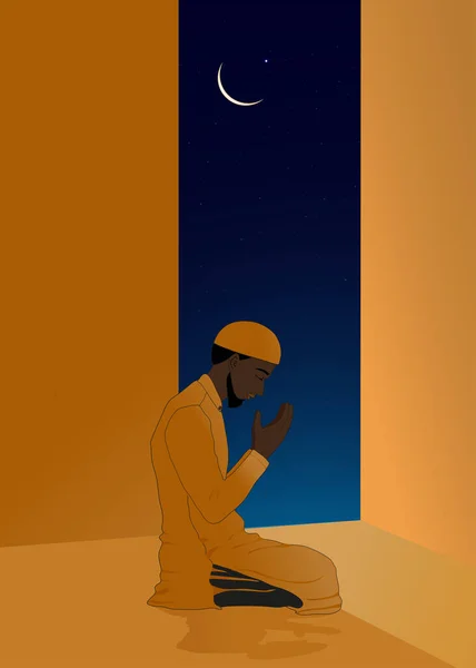 Ramadan Kareem Baggrund Med Muslimske Mand Står Solnedgangen Beder Namaz – Stock-vektor
