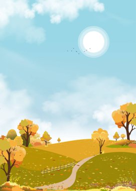 Sonbahar tarlası mavi gökyüzü arka planlı, Horizon Sonbahar mevsimi bulutlu gökyüzü ve güneşli, dağ, çimenler turuncu yapraklı, Şükran Günü için vektör dikey arkaplan