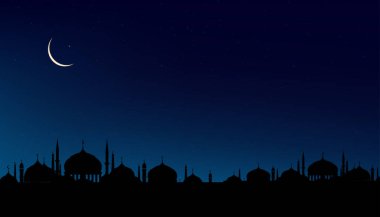 Kurban Bayramı Mübarek Kart, Cami Kubbesi, Akşam Mavi Alacakaranlık Gökyüzünde Hilal Ay, İslam dini için alacakaranlık gökyüzü olan Ufuk Bayrağı, Kurban Bayramı, Ramazan Kareem
