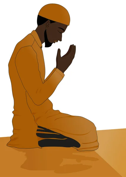 Pria Muslim Menghadapi Matahari Terbenam Dan Berdoa Namaz Salah Pada - Stok Vektor