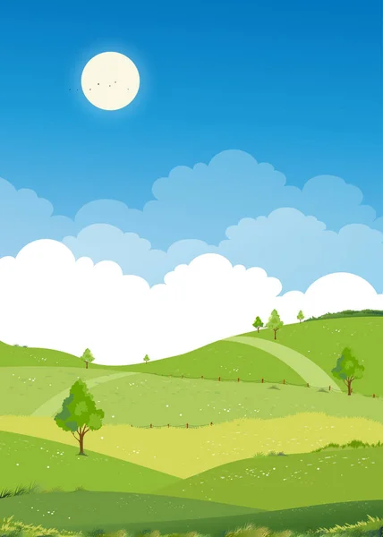 Frühling Landschaft Grüne Felder Mit Berg Blauem Himmel Und Wolken — Stockvektor
