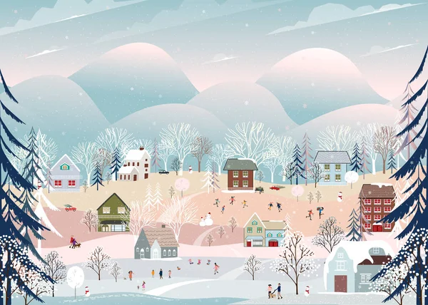 Zimowy Krajobraz Śniegiem Pada Boże Narodzenie Wiosce Wektor Sztandar Cute — Wektor stockowy