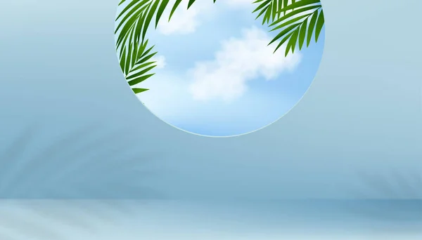 Summer Background Empty Blue Studio Background Display Palm Leaves Cloud — Stock Vector