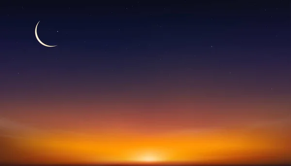 イスラムのカード ラマダーンカレーム新しい月 日没の空の星 寛大なラマダーン 新しい月 祈りの時間のためのイスラム文化の象徴的な宗教のベクトル水平線のバナー — ストックベクタ