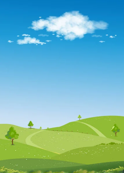 Frühling Landschaft Grüne Felder Berge Blauer Himmel Und Wolken Hintergrund — Stockvektor