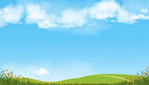 Doğa Baharı Kırsal Arazisi, Yeşil Alan, Bulut, Yaz Gökyüzü, Doğal Ufuk kırsal manzarası, Güneşli bir günde yeşil çayır ve çiçek, Yiyici Sancağı, Çevre Günü arka planı