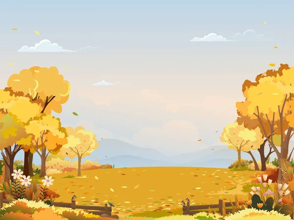夕日の空と秋の風景ファームフィールド 朝の空 オレンジの葉で草の土地 ベクトル秋のシーズンバナー 感謝祭の背景と秋の風景ファームフィールド日没の空と秋の風景ファームフィールド — ストックベクタ