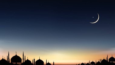 İslami arka plan, Ramazan Kareem tasarımı, Siluet Kubbe Camii, Hilal Ay, Günbatımı Gökyüzü, Vetor Ramadhan Gecesi İslam dini için alacakaranlık gökyüzü, Kurban Bayramı, Kurban Bayramı, Kurban Bayramı al Fitr.