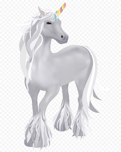 Unicorno Con Corno Arcobaleno Occhi Neri Con Criniera Lunga Argento — Vettoriale Stock