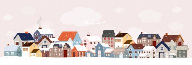 Kış Şehir Sahnesi, Noel Kutlama Kartı, Yeni Yıl 2024 Arkaplan, Karla süslenmiş Horizon Şirin Peri Evleri 'nin vektör çizimi. Kartpostal, Takvim, Web BannerWinter City Sahnesi, Noel Kutlama Katliamı, Yeni Yıl 20