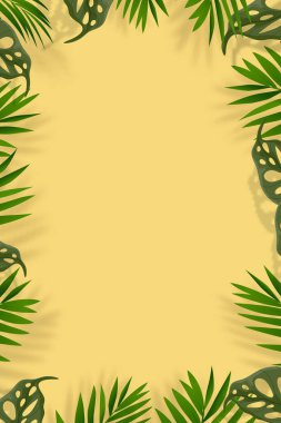 Yaz Arkaplanı, Sarı Arkaplan 'da Gölge Sınırı olan Palm Leaves, Kopya alanı olan Tropikal Hindistan cevizi yaprağı çerçevesi, Yaz, Satış, Promosyon için Vector üst görünümü dikey arkaplan, Web afişi