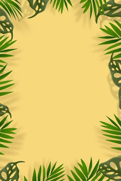Fond Été Feuilles Palmier Avec Bordure Ombragée Sur Fond Jaune — Image vectorielle