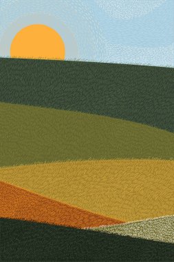 Sonbahar kırsal arazisi mavi gökyüzü, bulut, grafik tarzında güneş. Vector Dikey Sonbahar manzarası, sabah gündoğumuyla birlikte, Hasat ve Şükran Günü festivali için çizgi film afişi.
