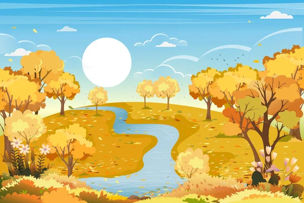 田園地帯の川による秋の風景朝の空 畑と秋の森のベクトルパノラマ オレンジの葉の木から落ちる葉を持つ山 秋の不思議の国のコンセプト — ストックベクタ