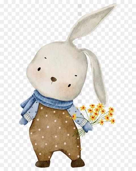 Cute Rabbit Segurando Flor Cartoon Watercolor Pintar Mão Coelho Coelho —  Vetores de Stock