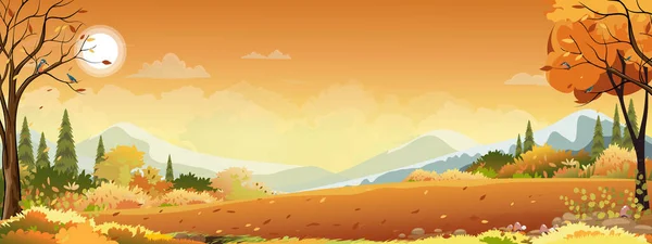 Podzim Panorama Krajina Pole Farmy Oranžovou Oblohou Krásný Západ Slunce — Stockový vektor