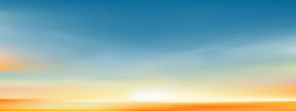日没の空の背景 黄色と青の空と日の出 自然の風景夕暮れとロマンチックな黄金の時間太陽の夜明け後の夜の空 ベクトルホライズン バナー四季のコンセプトのための日光 — ストックベクタ