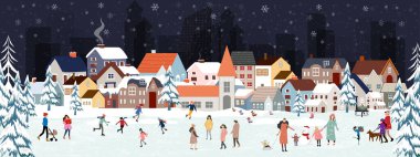 Noel Gecesi, Kış Gecesi. İnsanlar Noel arifesinde şehir parkında kutlama yapıyor. Kasabada kış harikalar diyarı, açık havada oynayan çocuklar, 2024 yılının arka planında Vector Banner.