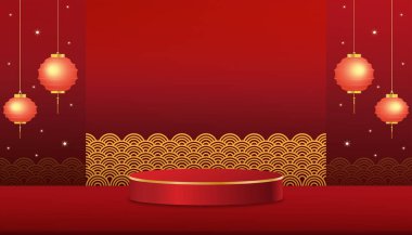Mutlu Çin Yeni Yıl afişi şablonu, kırmızı kağıtlı 3D podyum silindiri arka planda su dalgası şablonu, Vector stüdyo perde arkası, Noel için sahne dairesi, Sonbaharın ortası 