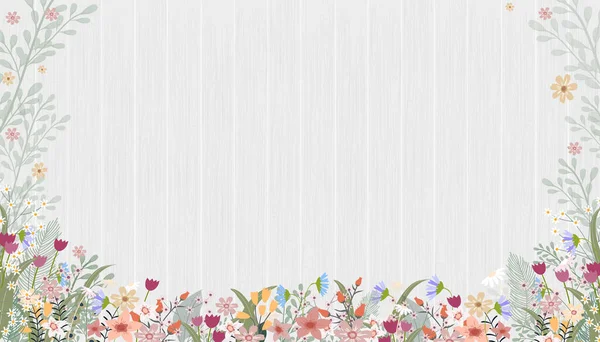 Spring Background Cute Flower Border Wooden Wall Background Vector Illustration — Stock Vector