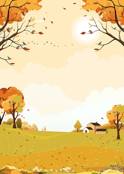 Autumn landscape forest tree,grass field with sunrise sky over mountain,Fall season countryside village with cloud sky and Sun in yellow foliage,Vector cartoon vertical banner nature Autumn background