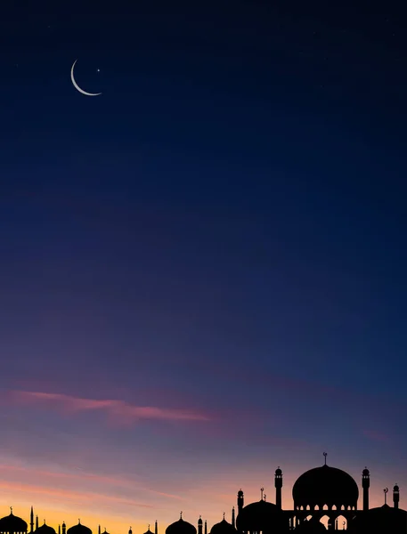 Islamic Card Mosques Dome Crescent Moon Blue Sky Background Vertical — Stok Foto