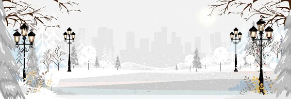 Fond Noël Paysage Hiver Avec Neige Dans Parc Ville Vecteur — Image vectorielle