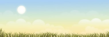 İlkbahar Arkaplanı, Gündoğumu Yaz manzarası yeşil alan, bulut ve mavi gökyüzü arkaplanı olan köyde. Sonbaharda Sunset ile kırsal kırsal ve otlaklar, Vector Nature çizgi filminin arka planı