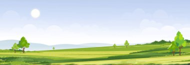 Spring time,Sunny day Summer landscape in village with green field,cloud and blue sky background.Rural countryside with mountain,grassland,sunlight in Morning,Vector Nature scenery cartoon background clipart