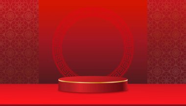 Kırmızı Arkaplan 3d Stüdyo odası, kırmızı ay duvar kağıdı arka planında raf, vektör minimal tasarım, Asya Sanat Tarzı Ortaçağ Sonbahar Festivali, ürün sunumu, Çin Yeni Yıl