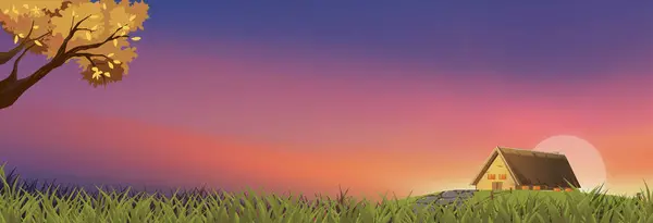 Spring landscape sunset sky background,Vector cartoon Village   Morning sunrise over farm house,grass field and tree,Horizon Nature rural scene countryside in Summer