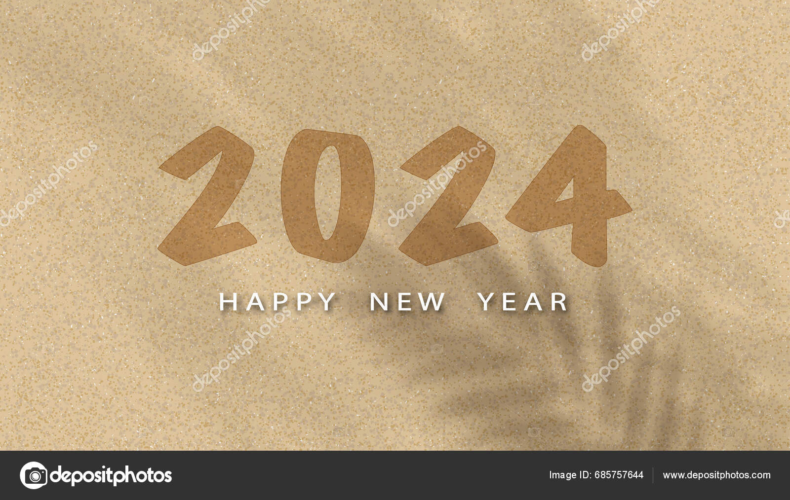 Happy New Year 2024 Sand Texture Background Palm Leaves Silhouette