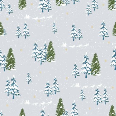 Kusursuz Noel deseni, kışın çam ağacı ormanı, Noel Baba 'nın gökyüzüne binmesi, Noel arifesini kutlamak için şirin desen, yeni yıl için kusursuz çizgi film, 2024 konsepti.