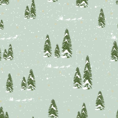 Kusursuz Noel deseni, kışın çam ağacı ormanı, Noel Baba 'nın gökyüzüne binmesi, Noel arifesini kutlamak için şirin desen, yeni yıl için kusursuz çizgi film, 2024 konsepti.