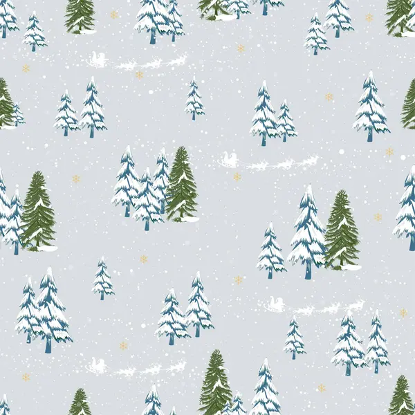 Kusursuz Noel deseni, kışın çam ağacı ormanı, Noel Baba 'nın gökyüzüne binmesi, Noel arifesini kutlamak için şirin desen, yeni yıl için kusursuz çizgi film, 2024 konsepti.