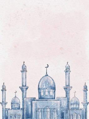 İslam Geçmişi, Suluboya Cami Kubbesi Pembe Gökyüzü Arkaplanı, Resimli Müslüman kültürü Ramazan Bayramı dini Ramazan Kareem, Kurban Bayramı, Kurban Bayramı, Mübarek, İslami Yeni Yıl Muharram