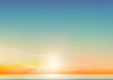 Sunset Sky Blue Arkaplan, Horizon Spring Sunrise Sky, Cloud with Orange, Yellow, Green over Sea Beach, Vector Panoramic Summer Banner Beautiful in Nature Romantic Sky in Evening for Travel, Holiday