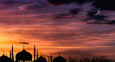 İslami Arkaplan, Siluet Cami Kubbesi, Alacakaranlık Hilal Ay, Günbatımı Gökyüzü, Ramazan 'da İslam dininin sembolleri, Kurban Bayramı, Kurban Bayramı, Mübarek, Muharram, Mawlid