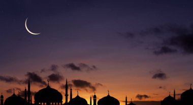 İslami Arkaplan, Siluet Cami Kubbesi, Alacakaranlık Hilal Ay, Günbatımı Gökyüzü, Ramazan 'da İslam dininin sembolleri, Kurban Bayramı, Kurban Bayramı, Mübarek, Muharram, Mawlid