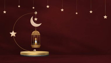 Islamic Background.Traditional islamic lantern,Crescent moon and Star hanging on red wall,Vector Banner Religion of Muslim Symbolic,Eid al fitr,Ramadan Kareem,Eid al Adha,Eid Mubarak,New Year Muharram clipart