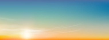 Gökyüzü Mavi Arkaplan, Horizon Açık Gökyüzü, Yaz Akşamında Sahilde Bulut, Vector Illustrasyon Manzarası Günbatımı Sahası, Panorama Sancak Doğa Güneşi Sarı Güneş, Sabah Havasında Turuncu Gökyüzü