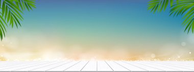 Deniz Okyanusu 'nda parlayan gök mavisi ve güneş ışığı olan yaz plajı, Vector boş beyaz ahşap masa ya da kaplıca ürün sergisi için zemin, bulanık ufku olan doğal deniz manzarası, deniz kenarında yaz manzarası tatili