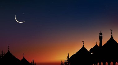 İslami Arkaplan, Kubbe Camii, Hilal Ay, Koyu Mavi Gökyüzü Arkaplanı 'ndaki Yıldızlar, Alacakaranlık Gökyüzü' ndeki Vetor sembolü İslami din, Bayram Bayramı, Kurban Bayramı, Mübarek, Yeni Yıl Muharram, Ramazan Kareem