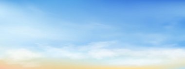 Gökyüzü mavi bulutlu arka plan, Vector Horizon plaj günbatımı ilkbaharda sarı ve mavi renk, Panorama güzel sabah güneşi güneşli günde gökyüzü yaz, banner manzara