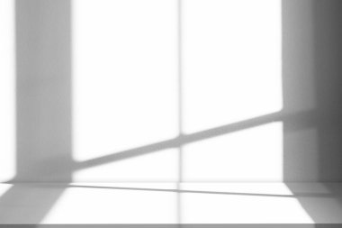 Beyaz Duvar Stüdyosu Arkaplanı. Işıklı Boş Gri Oda Arkaplanı, Masaüstü Yüzeyinde Pencere Gölgesi, Kozmetik Sancak 'ın sunumunu yapmak için Arka plan Moda Podyum Tasarımı