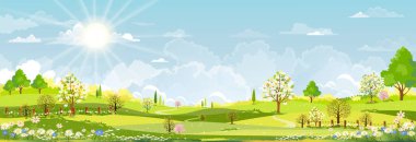Nature Spring landscape village,Country house,Green Field with Cloud, Blue Sky,Vector horizon Natural rural Countryside with forest tree,Mountains in Sunny day,Cartoon Vector for Spring, Summer banner