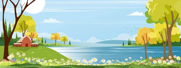 Panorama landscape of spring village with green meadow on hills with blue sky, Vector Summer or Spring landscape, Panoramic countryside of green field with farmhouse, barn and grass flowers