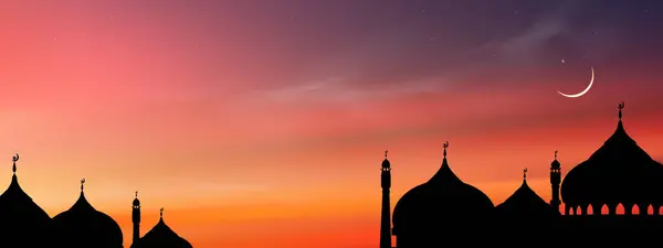 Islamic Background Dome Mosques Crescent Moon Starry Dark Blue Sky - Stok Vektor